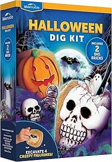 Blue Marble Halloween Dig Kit – Excavation Set with Skull & Pumpkin Dig Bricks, Includes Ghost, Mummy, Bat & Skull Figures, for Kids, Boo Basket Stuffers, Hands-On Activity