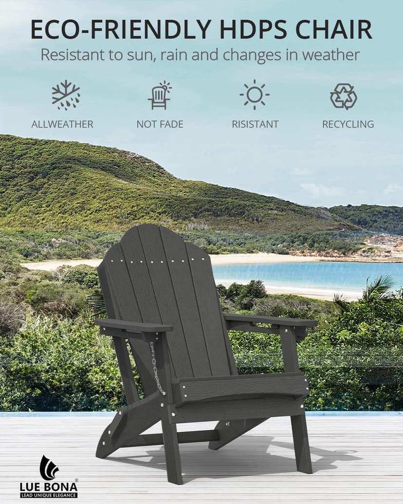 LUE BONA Folding Adirondack Chair, Chairs Set of 4, Cup Holder, Woodgrain, Fire Pit, Patio, Pool, Black