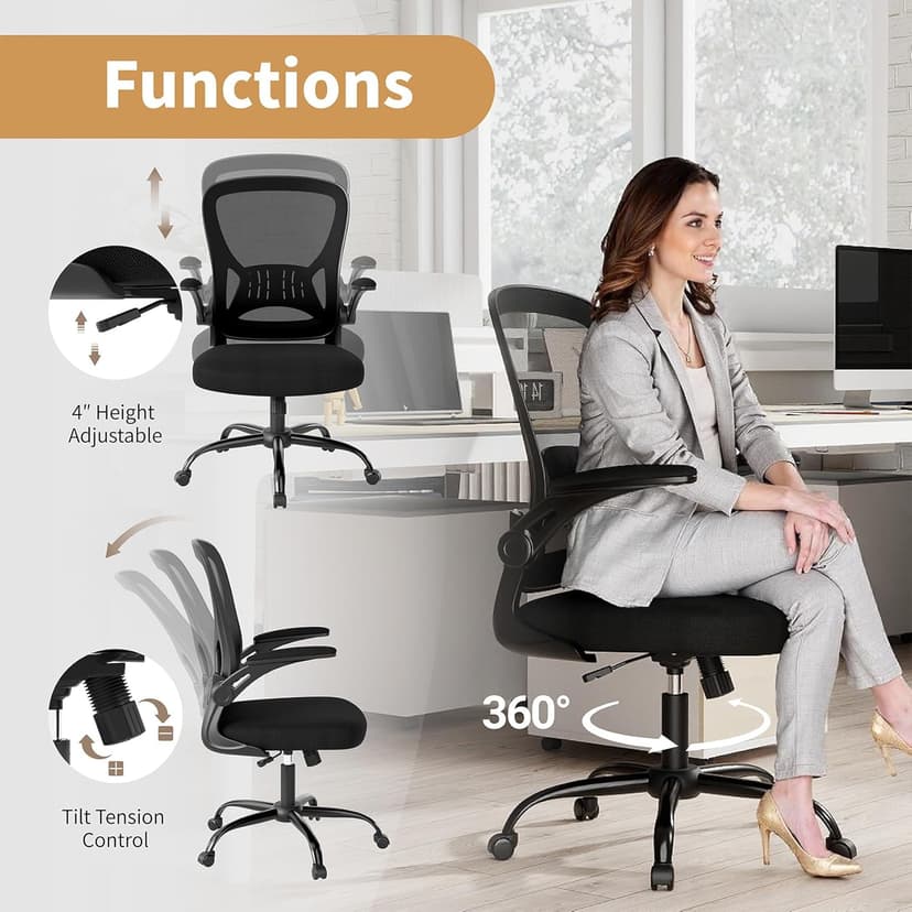 Youhauchair Mesh Office Chair, Ergonomic Home Office Desk Chairs with Flip-up Arms and Lumbar Support, Height Adjustable, Black