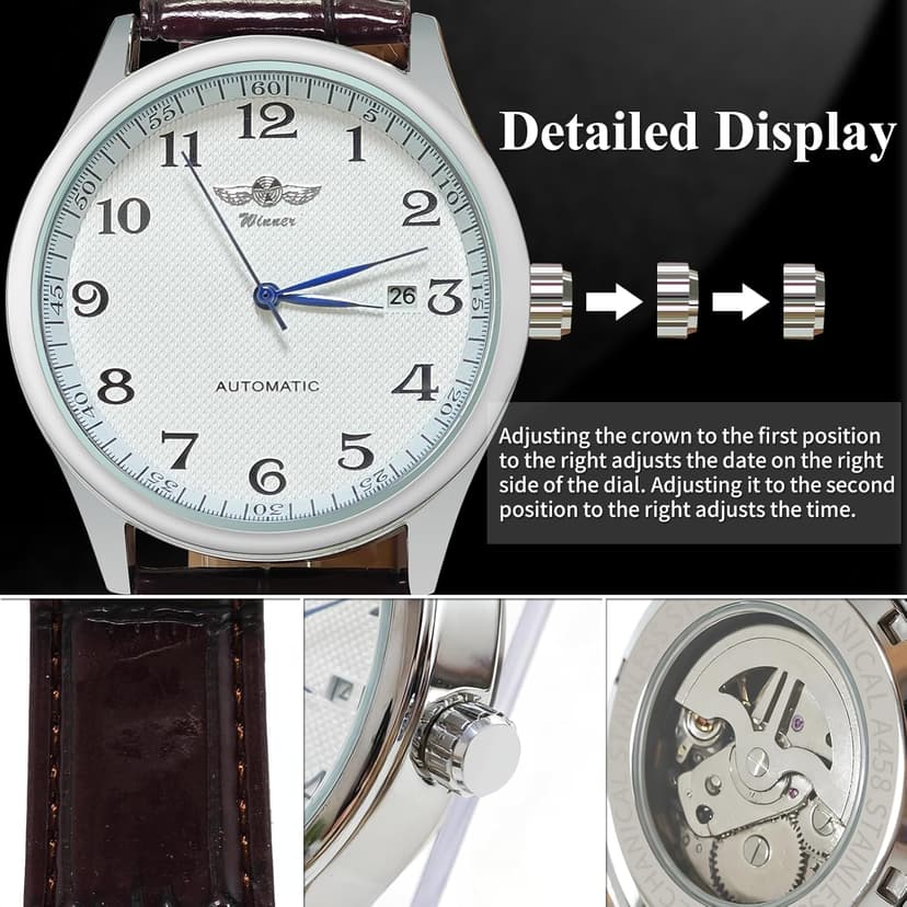 Gute Men's Watch, Mechanical Skeleton Steampunk Automatic Self-Winding Arabic Numeral Blue Hands Brown PU Leather Wrist Watch