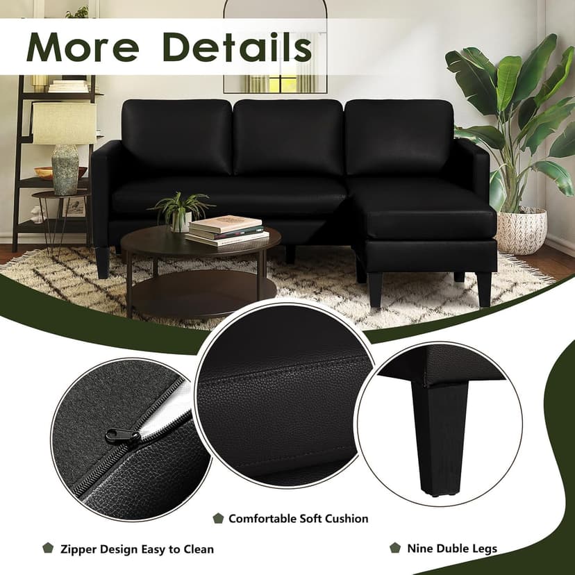 USSerenaY Faux Leather Sectional Couch, L Shaped Sofa with 3 Seater Couch and Reversible Chaise Convertible PU Leather Comfy Couches for Living Room (Black)