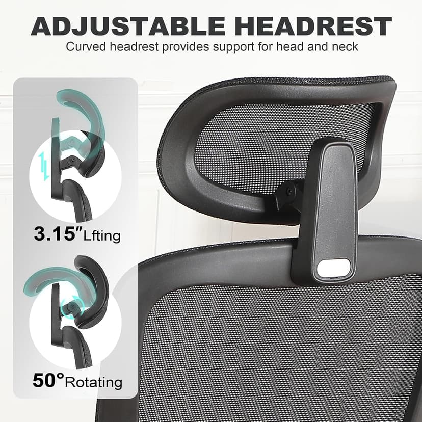 Ergonomic Office Chair with Footrest, Mesh Desk Chair with Adjustable Headrest & Armrests & Dynamic Floating Wing Lumbar Support, High Back Computer Chair for Home Office, BIFMA Certified, Black