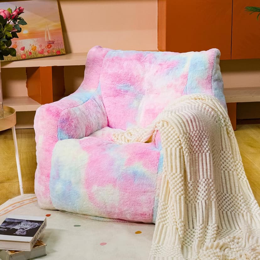 Bean Bag Chair with Filling, Faux Fur Comfy BeanBag Chairs for Teens, Adults, Bedroom, Living Room, Reading - Rainbow