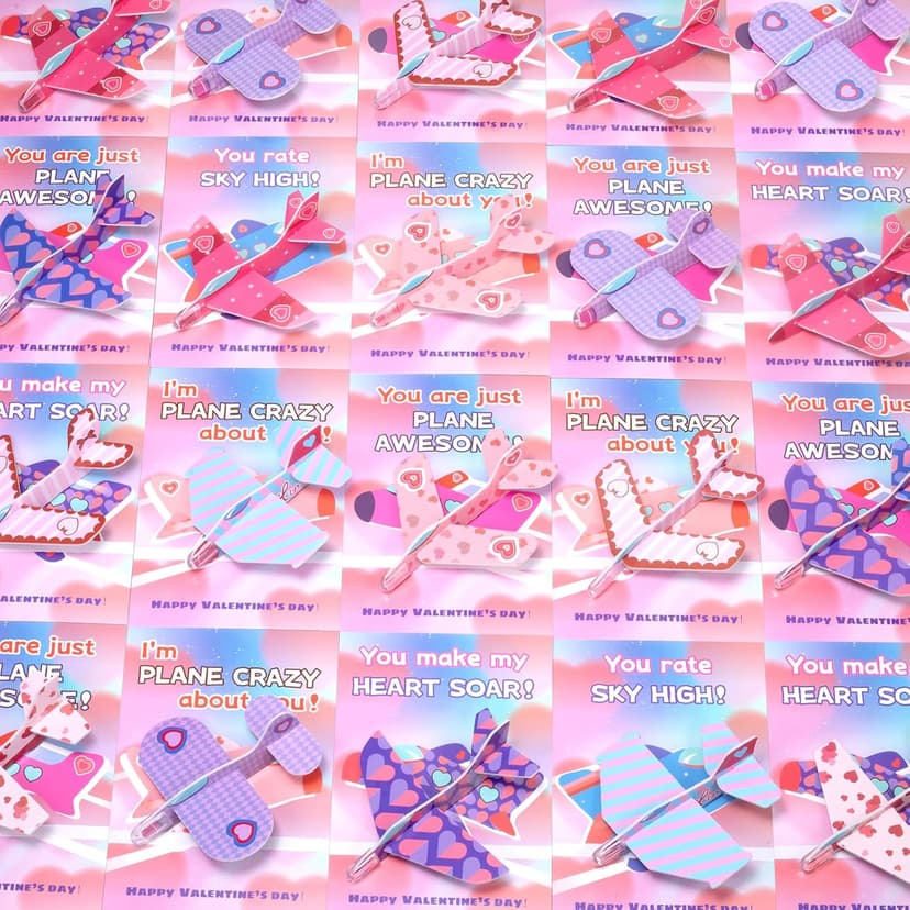 28 Pack Valentines Day Cards for Kids School with Foam Airplane, Valentines Day Gifts For Kids, Valentines Exchange Prize Gifts Cards Boys & Girl, Airplane Valentines Party Favors
