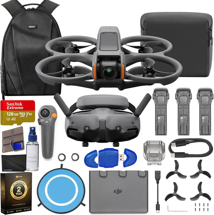 DJI Avata 2 FPV Drone with 3-Battery Fly More Combo, 4K Video, 128GB Memory, Landing Pad, 2 Year Warranty, Gray, Beginner to Advanced