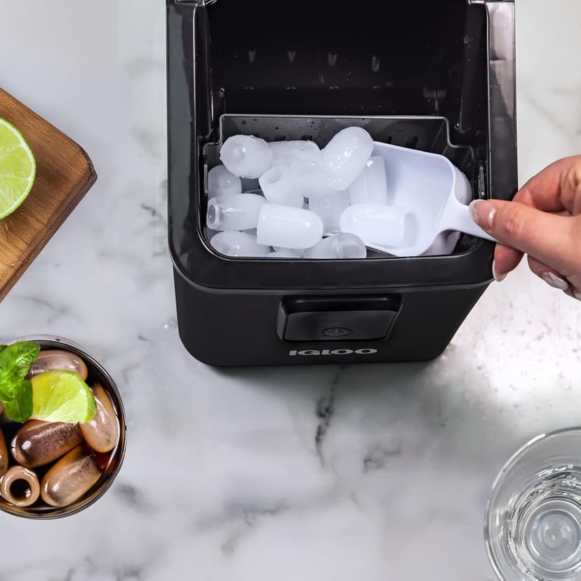Igloo Portable Ice Maker with Scoop & Basket- Ice Maker with LED Control Panel & 1.5 Quart Water Tank-Ice Cube Maker Produces 26 Lbs. of Ice in 24 Hours With 8 Large or Small Cubes In 7 Minutes- Black