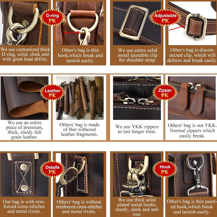 Masa Kawa Leather Briefcase for Men 17/15.6" Laptop Crossbody Shoulder Messenger Bag Business Travel Work Attache Case