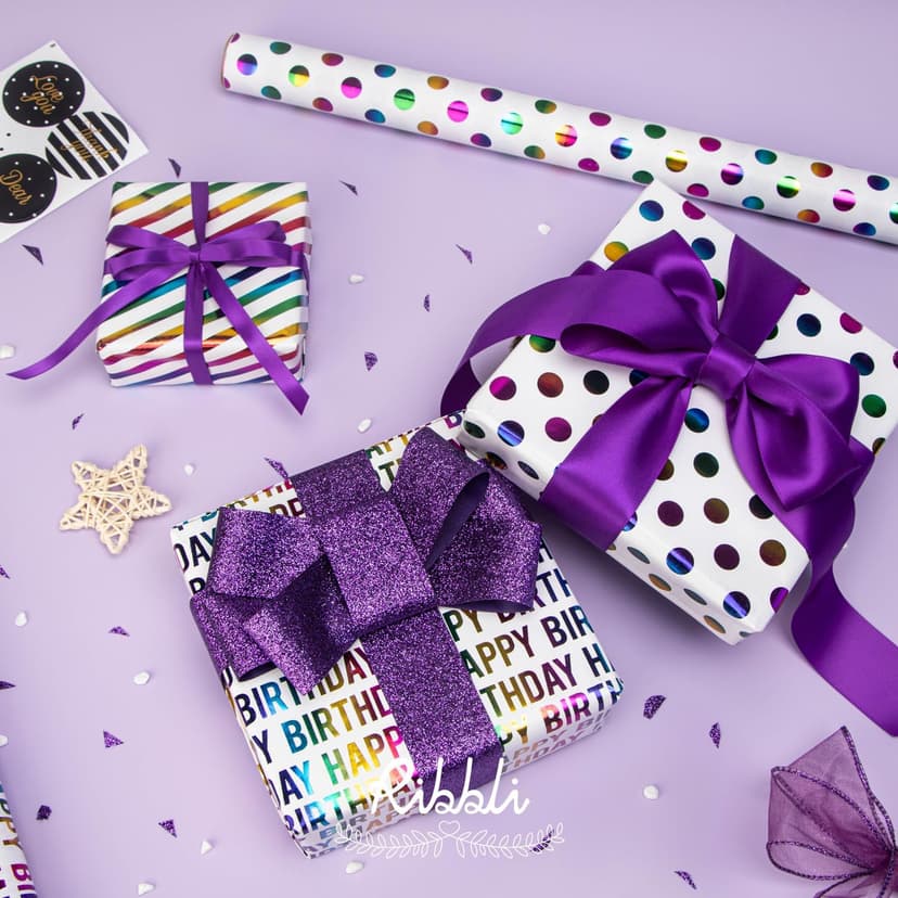 Ribbli Birthday Wrapping Paper Iridescent Gift Wrapping Paper Mini Roll, 3 Rolls Happy Birthday Polka Dots Stripes Printed Assortment - 17 inch x 120 inch(10feet) Per Roll B0CBRVLFSY