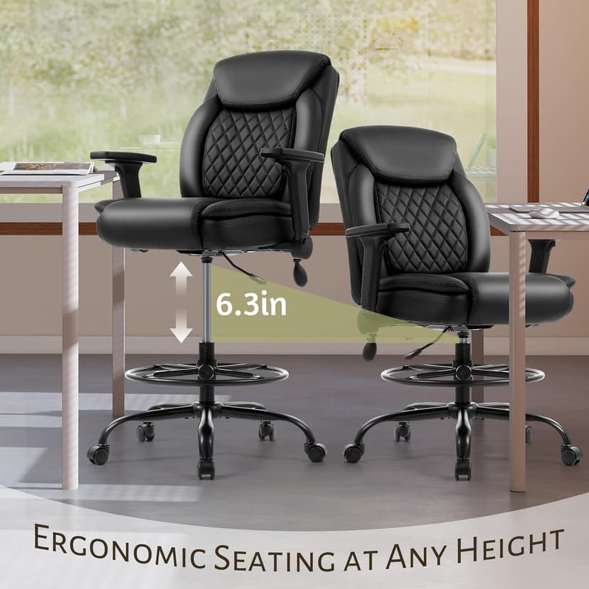Drafting Chair,Executive Tall Office Chair Flip-up Armrests for Counter Height Desk Drawing Use,High Task Chair with Adjustable Foot Ring & Inflatable Lumbar Support, Swivel Computer Stool,PU Black