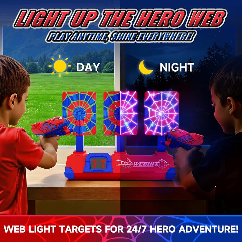 Shooting Toys for 3-12 Year Old Boys, Hero Styles with Glowing Web&Sounds,LCD Scoring and Auto Reset 3 Shooting Targets,Indoor Outdoor Kids Family Games Christmas Birthday Gifts for Boys Toys Age 3-12