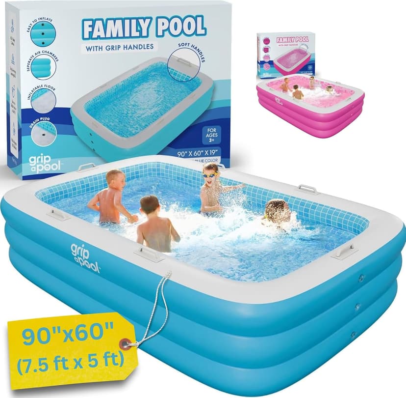 Premium Large Inflatable Pool with Soft Floor, Handles and Drain for Adults and Kids, 90"x60"19" Durable Blow Up Outdoor Swimming Pool for Backyard, Summer Gift, Family Size Kids Pool