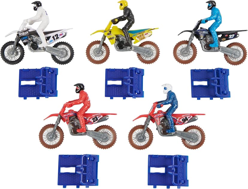 Supercross, Authentic 5-Pack of 1:24 Scale Die-Cast Motorcycles with Rider Figure, Toy Moto Bike for Kids and Collectors Ages 3 and up