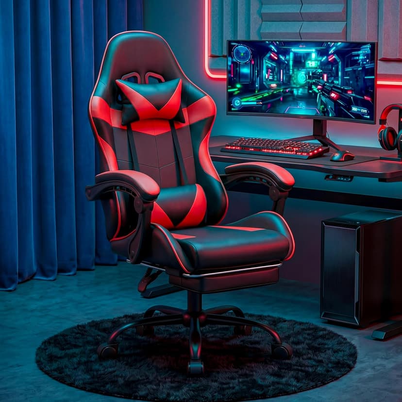 Gaming Chair, Ergonomic Computer Chair with Footrest and Lumbar Support, Height Adjustable Office Chair with 360° Swivel Seat and Headrest (Red & Black)