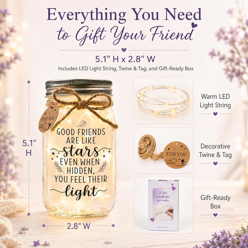 Thanksgiving & Christmas Gift for Women, Best Friend Gift for Women, Warm LED Keepsake for Birthdays and Farewells Friendship Gifts for Women, Best Friend Birthday Gifts Mason Jar Light B0FMD5RWXY