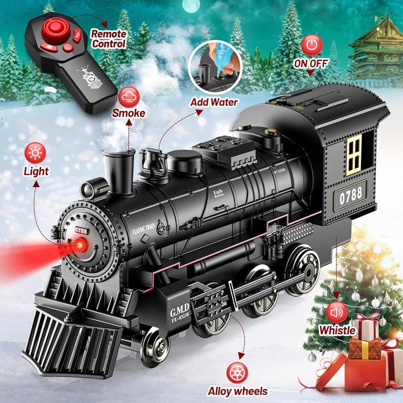 Hot Bee Train Set, Remote Control Train Toys with Luxury Track & Glowing Passenger Carriages, Metal Christmas Tree Train with Smoke, Light and Sound, Toy Train Set for 3 4 5 6 7+ Years Old Boys Gifts