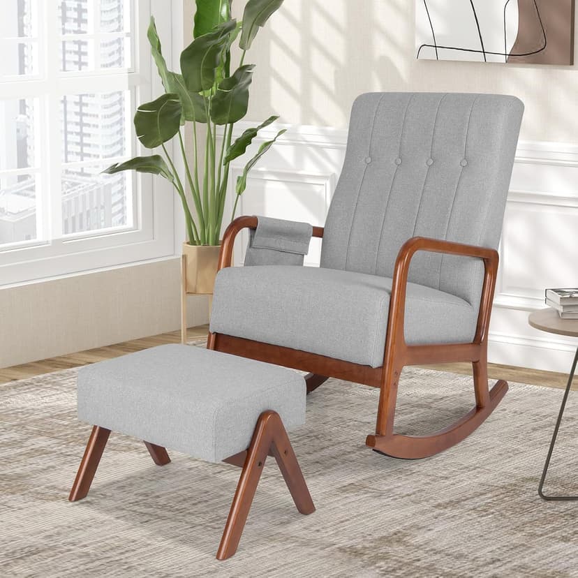 Giantex Rocking Chair with Ottoman, Upholstered Rocker Chair w/Solid Rubber Wood Frame, Side Pocket, Linen Nursery Chair w/Footrest, Tufted Glider Chair for Living Room, Bedroom, Grey
