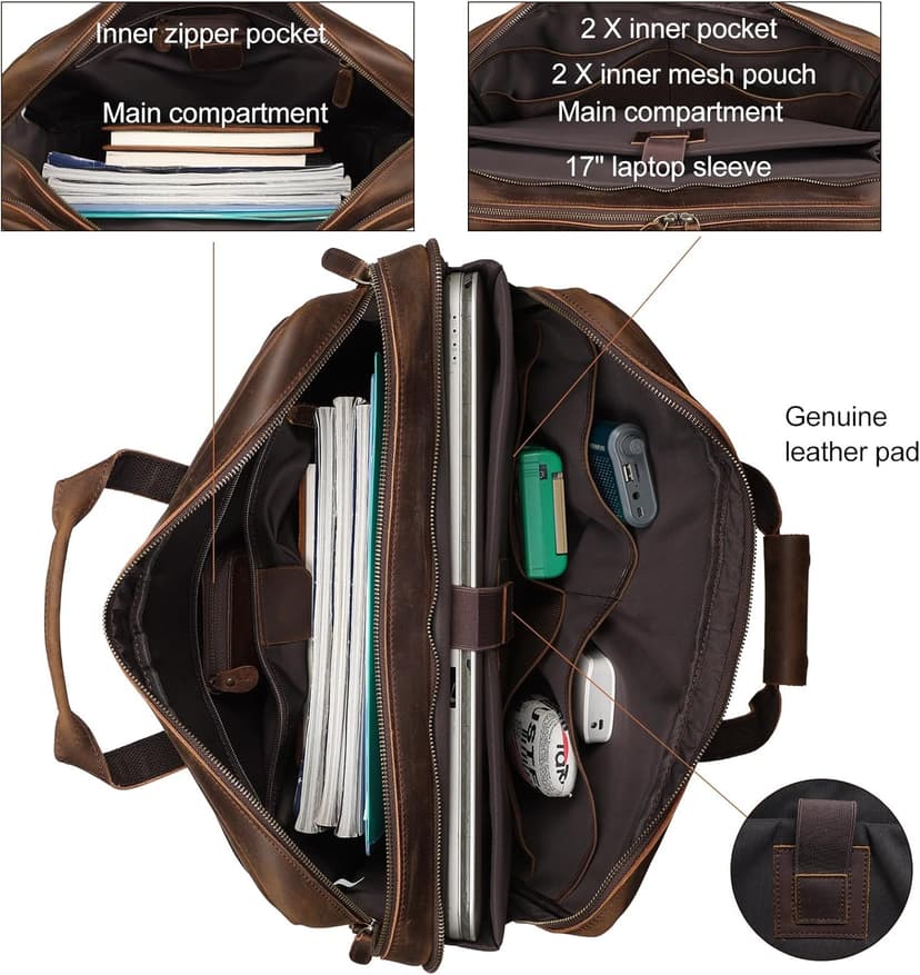 Masa Kawa Leather Briefcase for Men 17/15.6" Laptop Crossbody Shoulder Messenger Bag Business Travel Work Attache Case