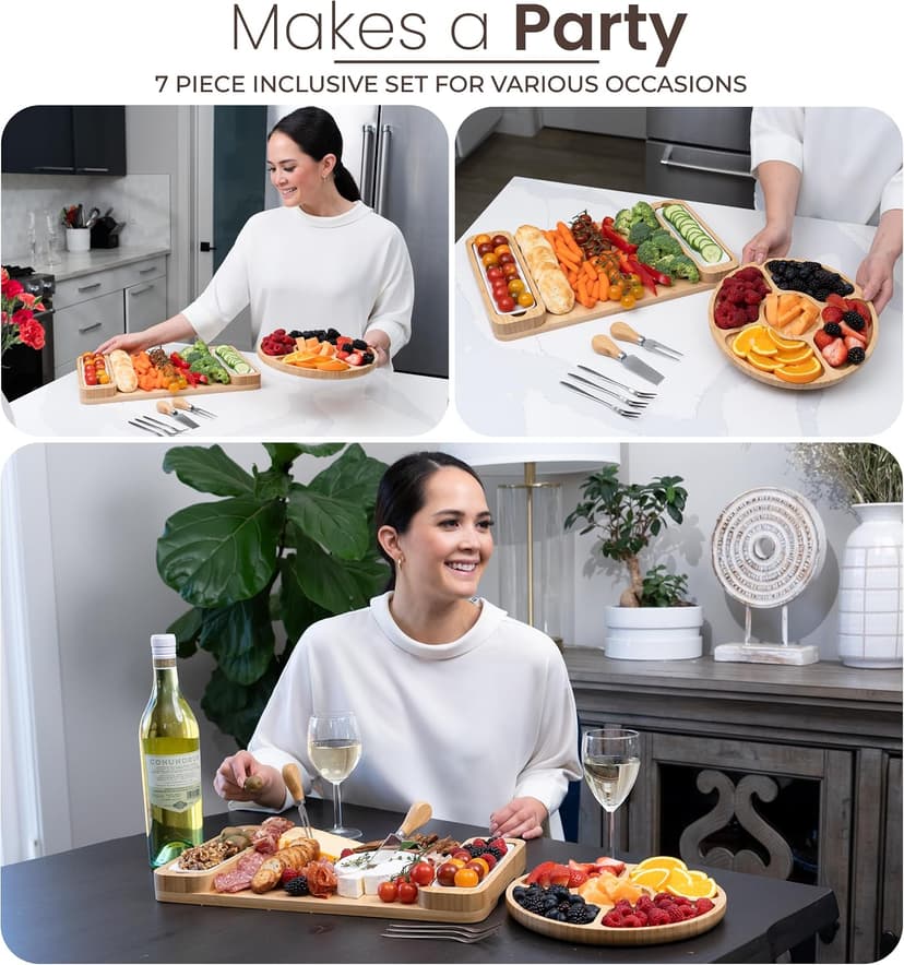 Meat Cheese Platter, Movie Nights, Family Gatherings, BBQ Picnic Essentials, Dinner Party Hosting Appetizer, Wine Nights Charcuterie Boards Set, Bamboo Cheese Tray with Serving Accessories B0CJH76S39