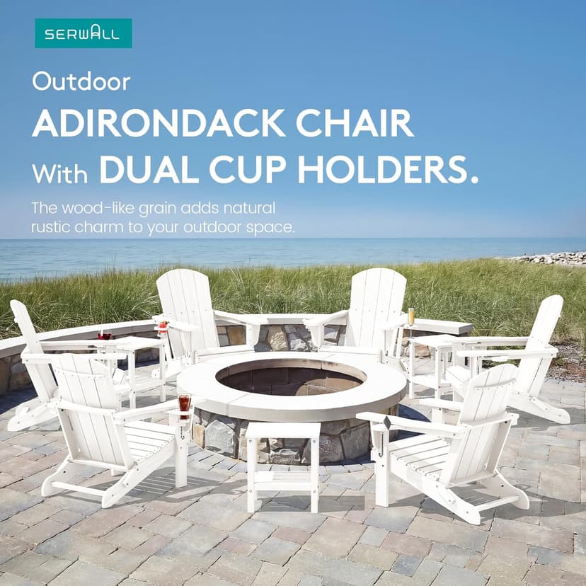 SERWALL Adirondack Chair with Cup Holders - Composite Adirondack Chairs Set of 2 HDPE Outdoor Chairs All Weather Use- White