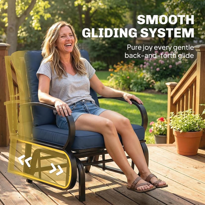 Outsunny Patio Glider, Outdoor Glider Chair with Cushions, Steel Frame, Curved Armrests, Single Gliding Chair for Yard, Porch, Garden, Poolside, Dark Blue