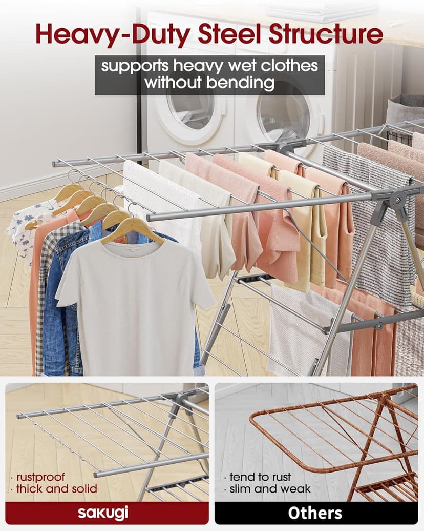 Sakugi Clothes Drying Rack, Foldable 2-Level Laundry Drying Rack with Height-Adjustable Wings, for Clothing & Bedding, Free-Standing Space-Saving Rack, Indoor & Outdoor, 55.5" L × 22.8" W, Gray