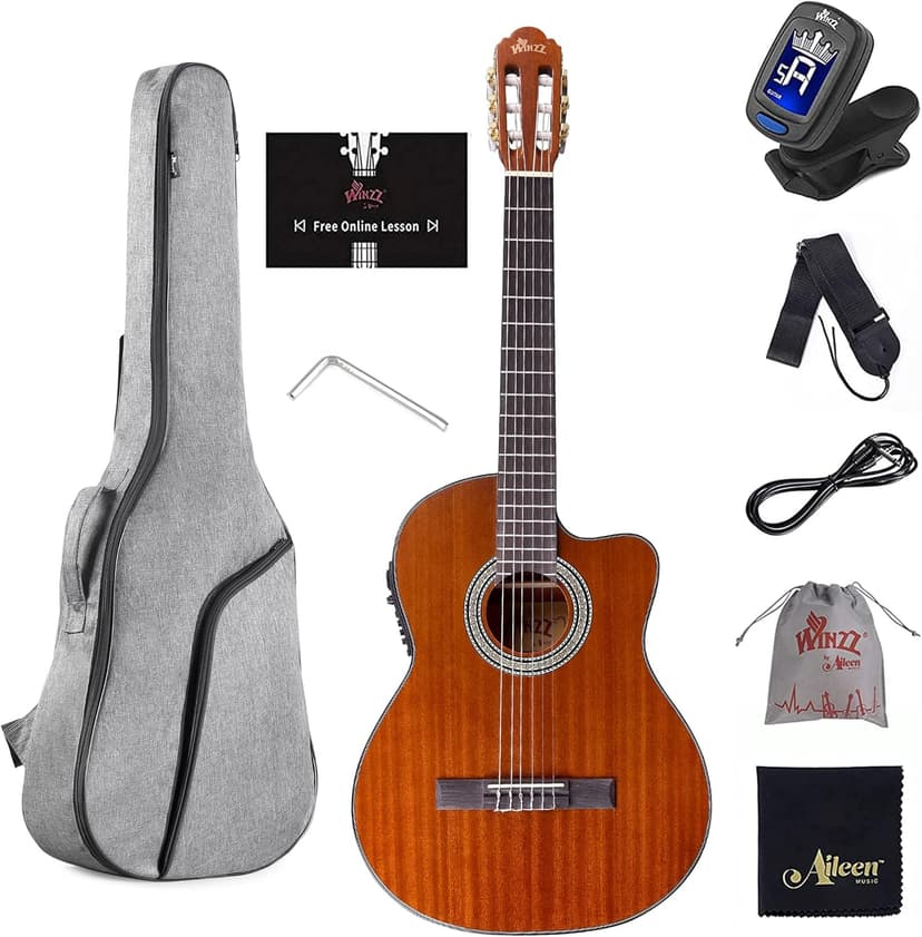WINZZ AC309CE 39 Inches Cutaway Nylon-string Classical Electric Guitar Build-in Pickup Kit Set Online Lessons