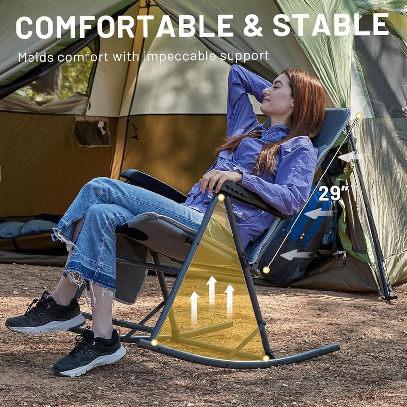 Timber Ridge 3-Level Adjustable Rocking Camping Chair, Padded High Back Outdoor Rocking Chair with Side Pocket, Portable Folding Rocker for Adults, Supports 300 LBS for Lawn, Patio, Porch