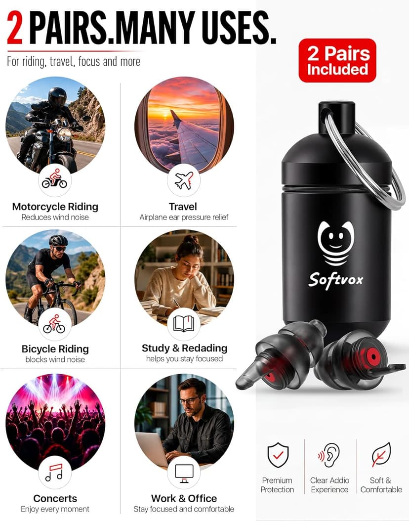 Motorcycle Ear Plugs for Wind Noise Reduction, 2 Pairs Reusable Motorcycle Accessories - Moto Earplugs, Soft Comfortable Hearing Protection for Motorbike, Touring, Racing, Riding - 25dB, Biker Gifts