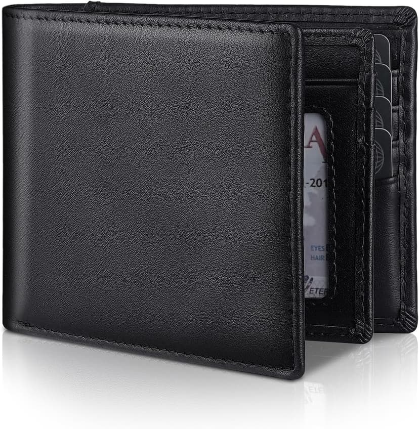 Serovi Mens Genuine Leather Bifold RFID Blocking Wallet with 14 Card Slots, ID Window & 2 Cash Pocket - Includes Gift Box