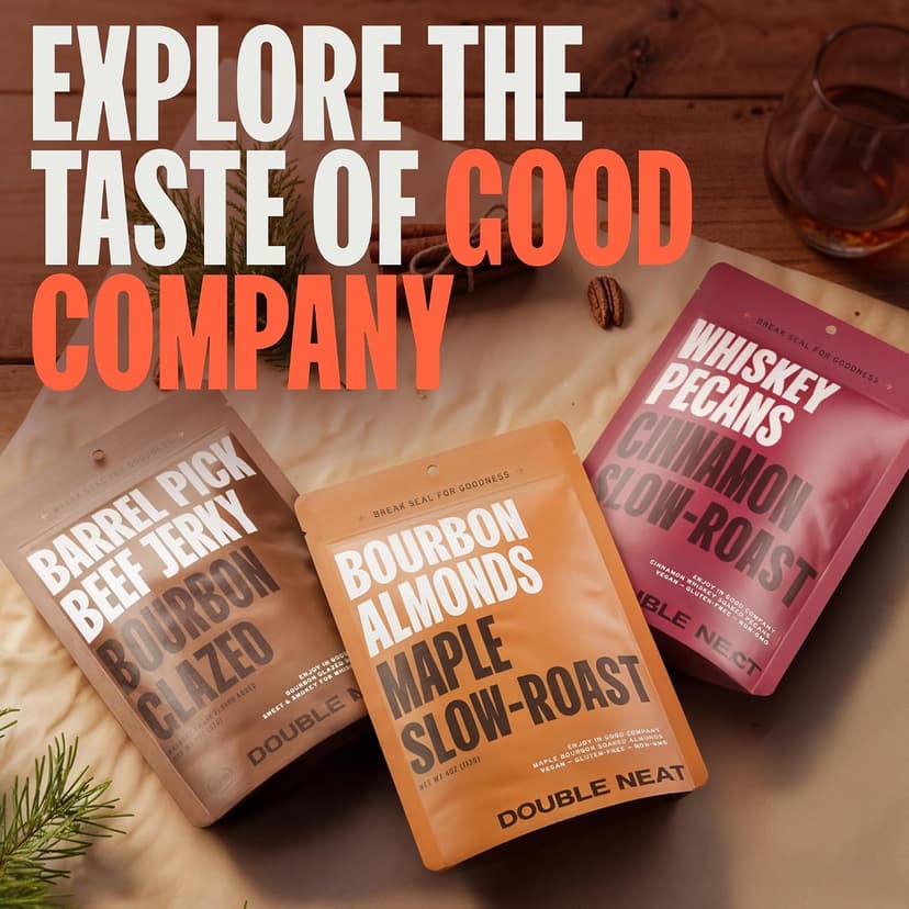 Double Neat Bourbon Flavored Snacks Variety Pack | Snacks Gifts for Men | Bourbon Glazed Beef Jerky, Cinnamon Whiskey Pecans, Almonds | Gift for Whiskey Lovers Men | 10oz, 3 Pack B0GGHN7KTL