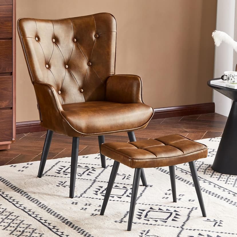 Furniliving PU Leather Accent Chair with Ottoman, Upholstered Reading Chair with High Backrest, Tufted-Button Wingback Armchair for Bedroom, Dressing Room, Home Office, Brown