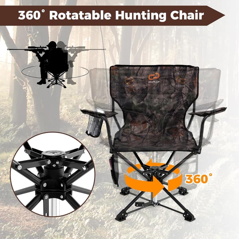 Goplus 360° Swivel Hunting Chair, Folding Hunting Blind Chair for Adults with Cup Holder & Carrying Bag, Lightweight Portable Camping Chairs for Lawn Fishing Picnic Beach Outdoor
