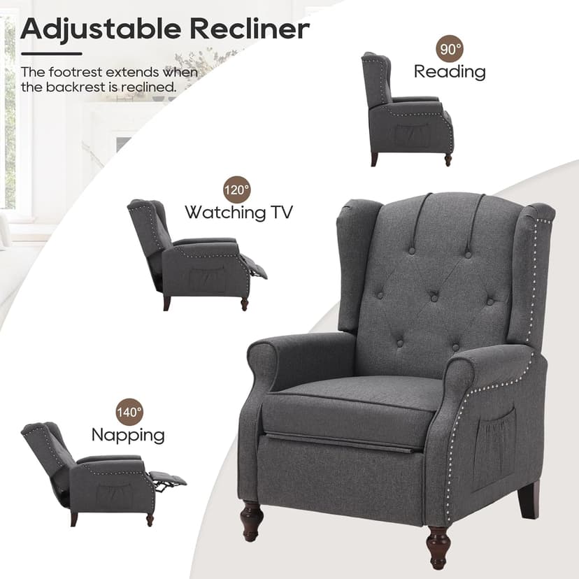 Wingback Recliner Chair with Massage and Heat, Wingback Recliner Tufted Fabric Push Back Recliner Chair for Living Room, Vintage Wingback Chair with Remote Control, Padded Cushion, Wooden Legs