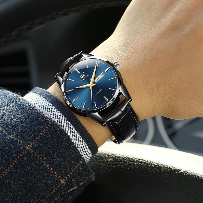 QBAIZI Men's Casual Leather Watch, Easy to Read Three-Hand Analog Stainless Steel Watches for Men, Minimalist Day Date Waterproof Luminous Mens Quartz Wristwatch