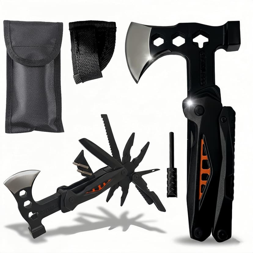 18-in-1 Multitool Hatchet Camping Axe with Hammer & Knife with Protective Sheath, Survival Gear for Men Dad, Emergency Car Tool & Hiking Accessories, Cool Gadgets for Outdoor Hiking Emergency