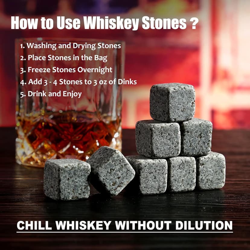 Whiskey Stones Gift Set - Whiskey Glass Set of 2 - Granite Chilling Whiskey Rocks - Scotch Bourbon Box Set -Father's Day Birthday Gifts for Men Drinking Gift for Dad Him Husband Party Holiday Present