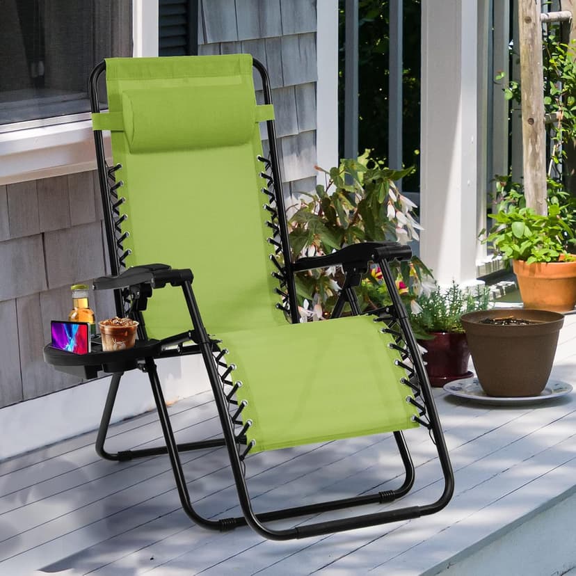 Goplus Zero Gravity Lounge Chairs, 160°Adjustable Folding Recliner w/Pillow and Cup Holder, 350LBS Comfy Outdoor Lounge Chairs for Patio, Lawn, Yard & Camp(Set of 2, Green)