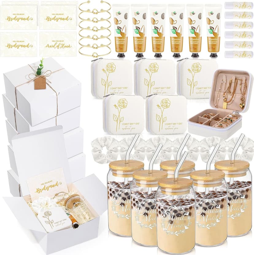 Set of 6, includes jewelry boxes, glass cups, scrunchies, knot bracelets, hand cream, lip balm and proposal cards Teenyyou 60 Pcs Bridesmaid Proposal Gift Box Set for Wedding Party,White B0FBWY1R2J