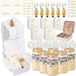 Set of 6, includes jewelry boxes, glass cups, scrunchies, knot bracelets, hand cream, lip balm and proposal cards Teenyyou 60 Pcs Bridesmaid Proposal Gift Box Set for Wedding Party,White B0FBWY1R2J