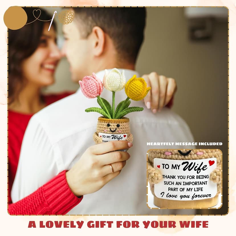 Christmas Mothers Day Birthday Gifts for Wife - 6.3'' x 2.56'' Positive Support Cotton Milk Wool Tulip Crochet Gifts for Wife from Husband - Wedding Anniversary Christmas Birthday Gifts B0FZTMTRK1