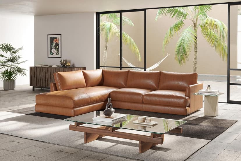 Valencia Serena 108" Full Leather Sectional Sofa with Left Bumper | Nappa 11000 Leather, Modern Low Profile Lounge Sofa | L Shaped Couch for Living Room Furniture,Cognac
