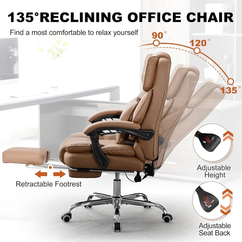 Kneading Massage Office Chair with Heated,90-135° Reclining Executive Office Chair with Footrest,Computer Desk Chair with Wheels,Diamond-Stitched Cushion Leather Office Chair,Brown