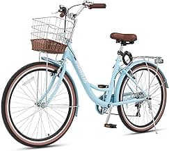 VIRIBUS Womens Cruiser Bike, 7 Speed Beach Cruiser Bike for Women, 26 inch Women Bicycle with Rattan Basket, City Commuter Vintage Retro Step Through Bicycle for Female Ladies Seniors, 330 Lb.