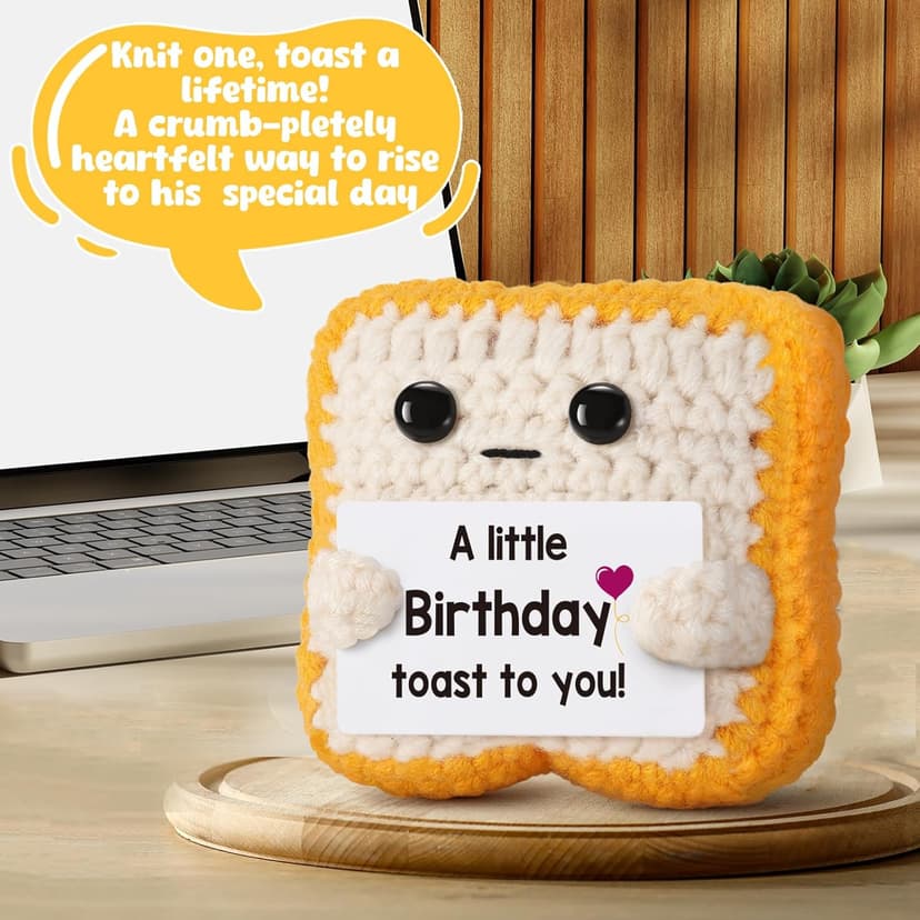 A little Birthday Toast to you - Crochet Toast Happy Birthday Gifts Card, Fathers Day Dad Gifts for Mom Women Men Her Him Sister Best Friend Girls Boys Fanny Handmade Knitted Emotional Positive Toast