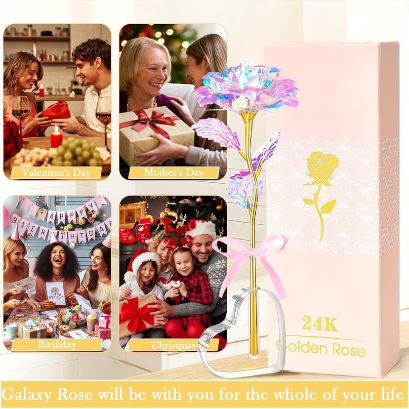 Beferr Gifts for Women Mom Galaxy Rose Glass Crystal Flowers with Heart-Shaped Base Eternal Roses Forever Flowers Mother's Birthday Gifts for Grandma Daughters Wife Sister Kids