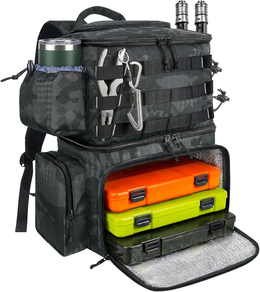 Water Resistant Fishing Bag Fits 4 3600 Trays, Large Wide Open Tackle Box Backpack, Gifts for Fishermen MATEIN Fishing Backpack, Tackle Storage Bag with Rod Holders & Cooler B09PTHT4H5