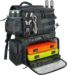 Water Resistant Fishing Bag Fits 4 3600 Trays, Large Wide Open Tackle Box Backpack, Gifts for Fishermen MATEIN Fishing Backpack, Tackle Storage Bag with Rod Holders & Cooler B09PTHT4H5