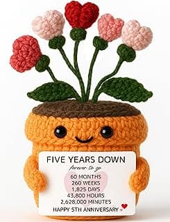 MAMAGIFTREE 5th Anniversary Wedding Gift for Couple - Handmade Crochet Heart Flower Plush with Romantic Message - Five Years Down Forever to Go Keepsake for Wife, Husband, Boyfriend, Girlfriend