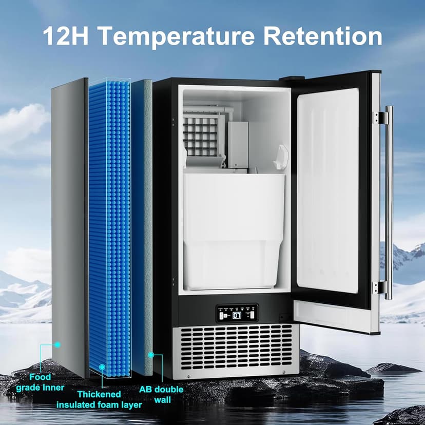 15'' Commercial Under Counter Ice Maker 110 LbS/Day Stainless Steel Ice Machine Built-in Freestanding Ice Maker with 30 Lb Bin Auto-Cleaning 24H Timer Gravity Drainage for Commercial Home