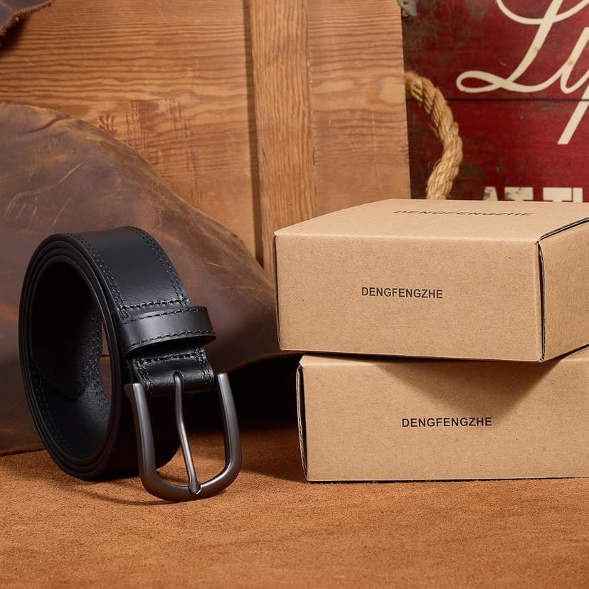 DENGFENGZHE Men's Full Grain Leather Belt for Everyday Casual Jeans, 1.5" Handmade Men Leather Belts with Gift Box